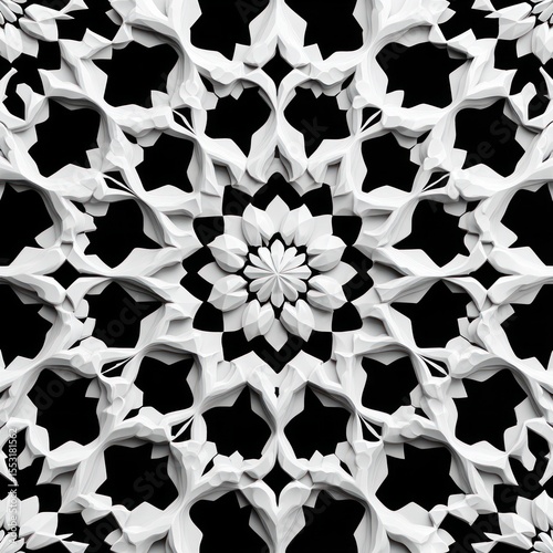 intricate white geometric floral pattern with three-dimensional petal-like shapes forming symmetrical star and flower motifs on a black background