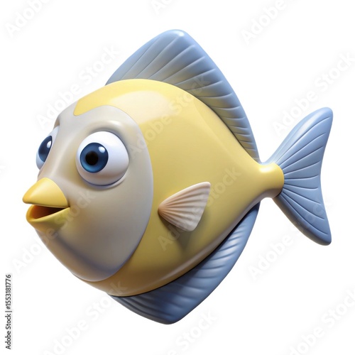 Cheerful cartoon yellow fish with big blue eyes and fins isolated on white background