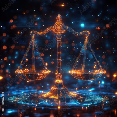Glowing digital scale representing balance and justice with neon orange and blue lights on a dark futuristic background
