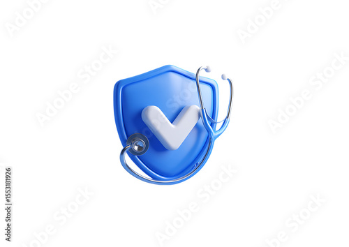 3D icon of a shield with a checkmark and stethoscope on a transparent background, in a minimalistic style, isometric view.