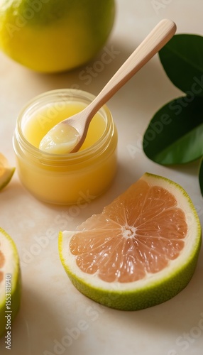 Pomelo fruity gel mask on jar, flat lay vew, natural ingredient, vertical background