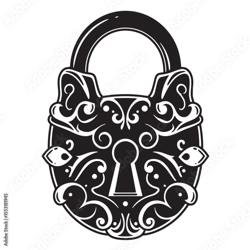 Elegant black and white vintage art silhouette of an ornate padlock symbolizing security and privacy