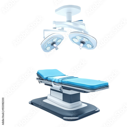 Modern operating room surgical table and overhead medical light isolated on Transparent Background