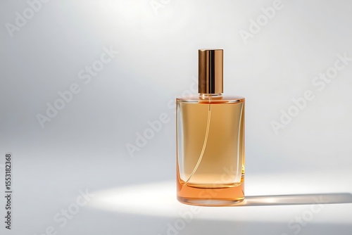 Minimalist perfume bottle with elegant gold cap set against a smooth gradient background, highlighting luxury fragrance design, modern aesthetics, and sleek packaging concept