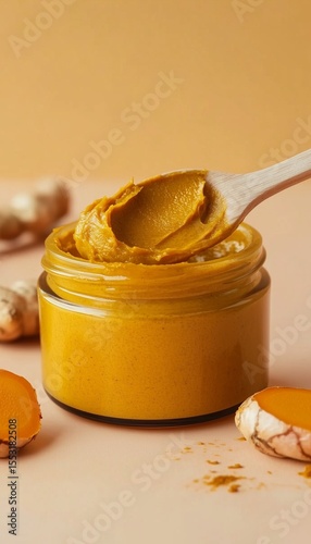Turmeric mask jar, natural herb organic ingredient for healthy skin treatment, vertical background