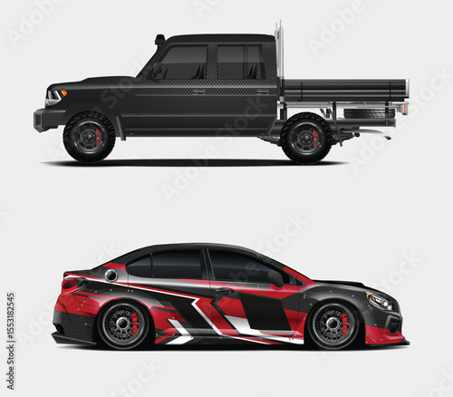 Two Stylized Cars A Carbon Fiber Truck and a Red Racing Sedan