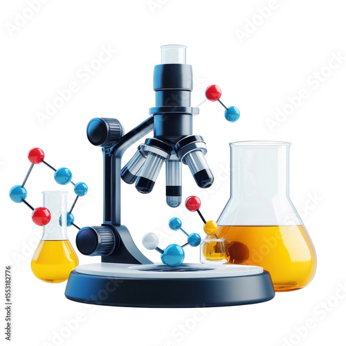 Microscope Lab Beakers Molecules Render Scientific Research Experiments on transparent background photo
