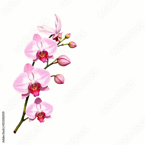 Pink orchid flowers on branch with buds against white background  
