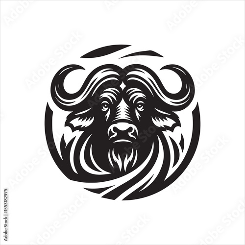 Wallpaper Mural Stylized black and white illustration of a cape buffalo head, encircled by abstract swirling lines. Torontodigital.ca