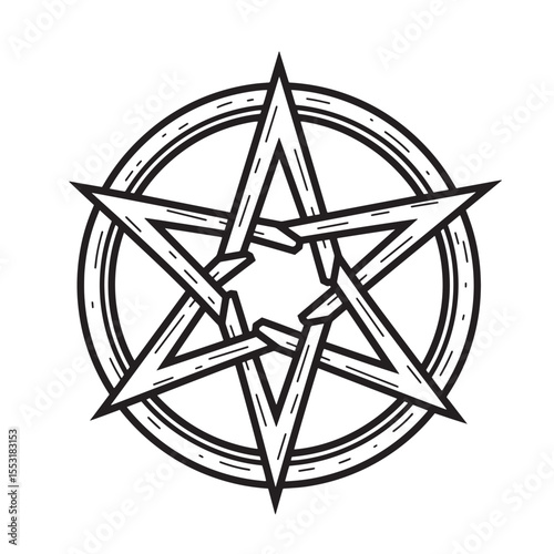 Intricate black and white illustration of a star pentagram emblem with detailed vintage art silhouette