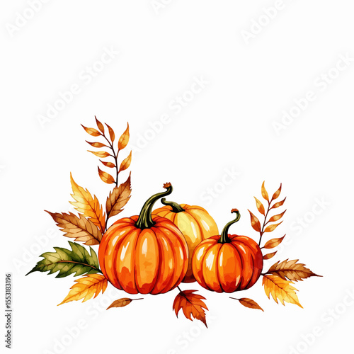 Three pumpkins surrounded by autumn leaves on white background  