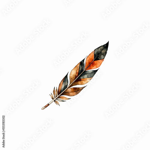 Colorful feather illustration in bohemian style with earthy tones  