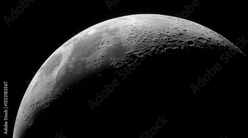 Crescent Moon Phase CloseUp Showing Detailed Lunar Surface Features and Crater Formations Against Dark Space