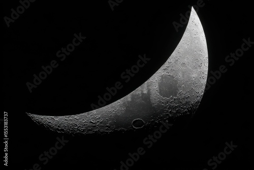 Crescent Moon with Visible Craters and Texture Detail Against a Black Sky