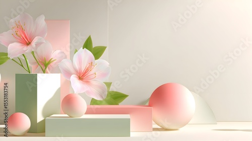 Minimalist and Modern 3D Composition Featuring Natural Leaves, Geometric Shapes, and Pastel Tones – A Fresh and Eco-Inspired Visual for Presentations and Design Projects.