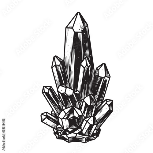 Intricately detailed vintage art silhouette depicting a cluster of crystal quartz gemstones on white background