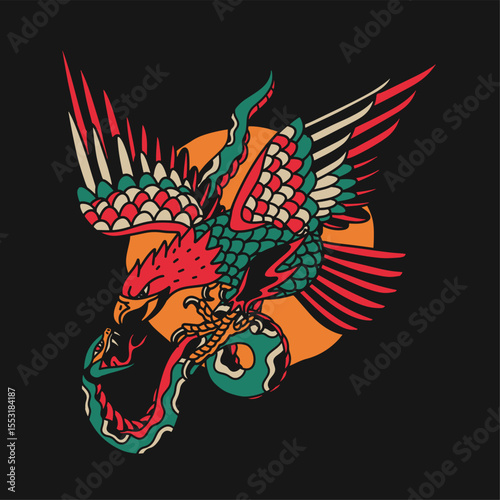 Eagle and snake. Hawk. Tattoo Hand Drawn Illustration Collection