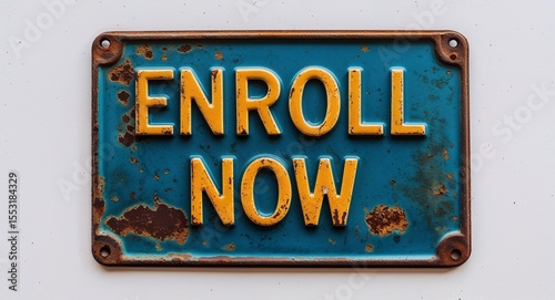 enroll now lettering on antique rugged rusty metal sign on plain white background