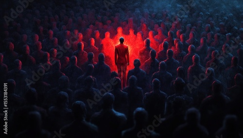 A lone figure illuminated in red stands out amid a large crowd of dark, shadowy people suggesting themes of individuality, courage, and focus