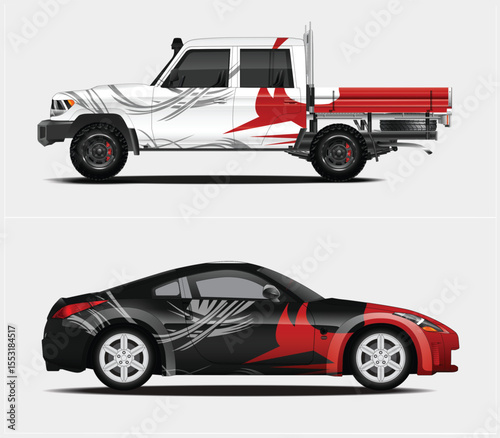 Two Cars with Custom Graphics A Pickup Truck and a Sports Car