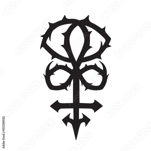 Symbolic vintage art silhouette of a stylized emblem with thorny details and gothic artistic elements on a white background.