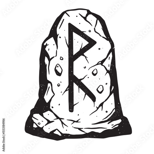Vintage art silhouette depicting a runestone inscribed with a black ink rune symbol for occult and mystic designs