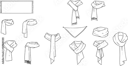 set of women's scarf flat sketch vector illustration cad mock up template

