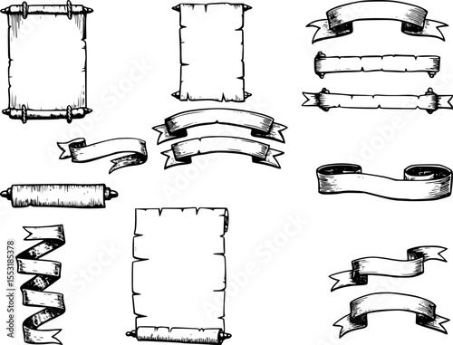 A scroll or banner parchment paper ribbon band in a vintage woodcut style
