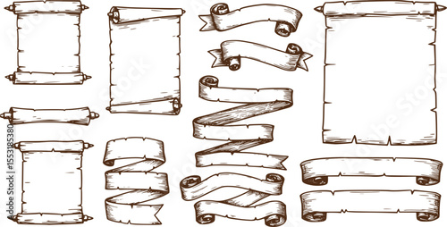 A scroll or banner parchment paper ribbon band in a vintage woodcut style
