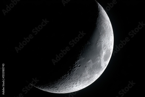 Detailed Crescent Moon View Surface Craters and Shadowed Regions Against Black Space