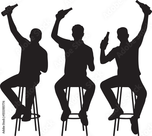 Three Men Sitting on Stools Raising Beer Bottles Silhouette Vector Art