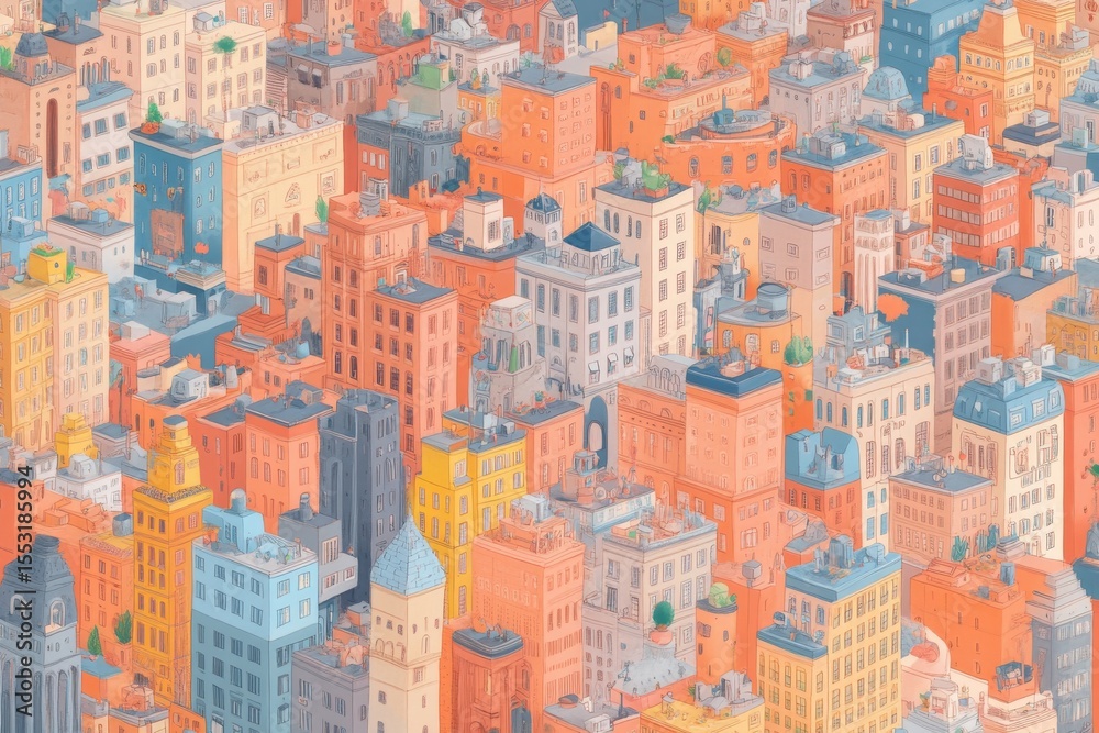 Fototapeta premium Vibrant maximalist fantasy cityscape with layered architecture for creative design