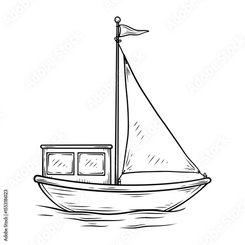 boat vector line art hand drawn illustration