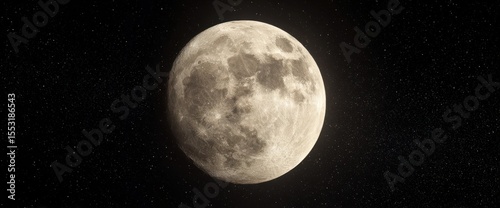 Detailed Full Moon View Against a Starry Night Sky, Lunar Surface Shown Closely
