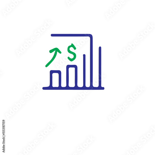 A blue bar graph with a green dollar sign and arrow going up