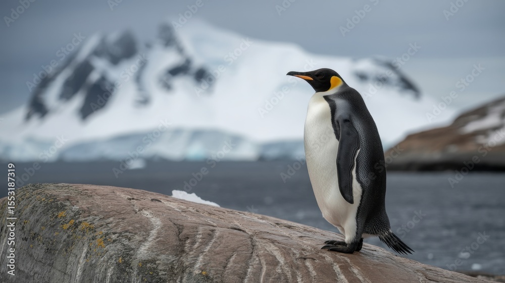Fototapeta premium Majestic emperor penguin standing on antarctic rock with icy mountain background