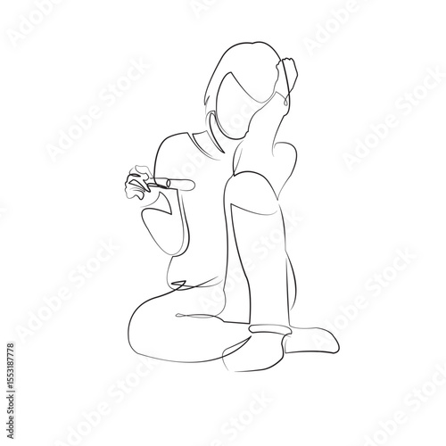 One continuous line drawing on white isolated background. Minimalism linear illustration. person, female, woman, mother, holding, pregnant, young, adult, indoor, pregnancy