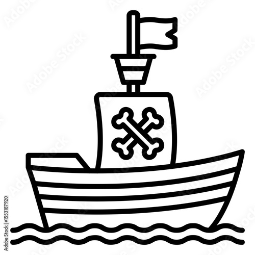 Cartoon Pirate Ship Sailing with Skull and Crossbones