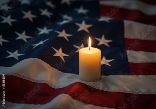 A lit candle casts a warm glow upon the stars and stripes of the american flag symbolizing remembrance and honor