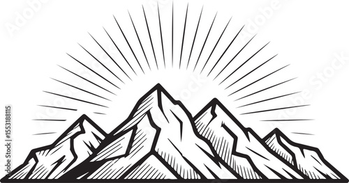Mountain Peaks Silhouette with Sun Rays Outdoor Adventure Landscape Vector