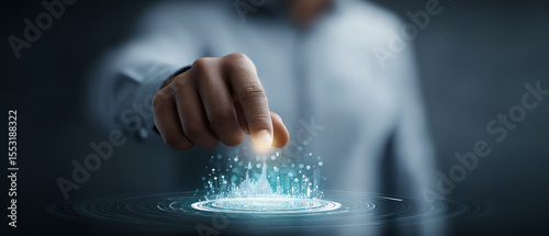 Businessperson hand interacting with futuristic digital interface, analyzing data visualization, innovation and technology concept
