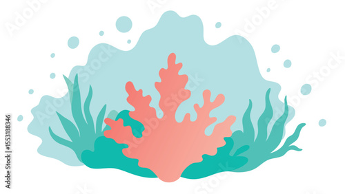 Cartoon illustration of coral reef and seaweed elements against a white transparent background.