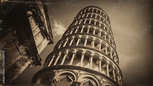 old worn vintage sepia toned polaroid photo of leaning Tower of Pisa landmark, texture background