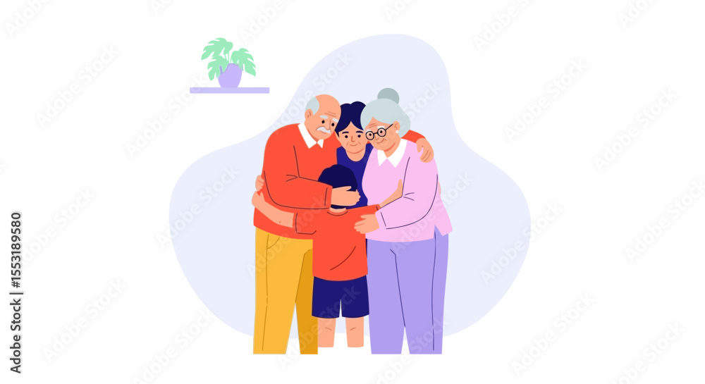 Fototapeta premium Family Embracing: Grandparents and Child in Loving Embrace, Illustration