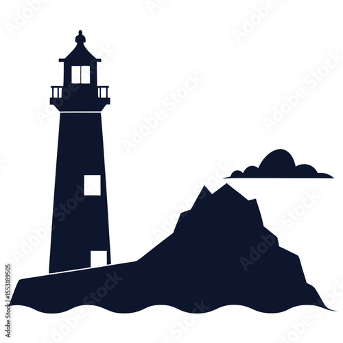 Vector art of a lighthouse standing on a rocky coast with a cloud above isolated on white background