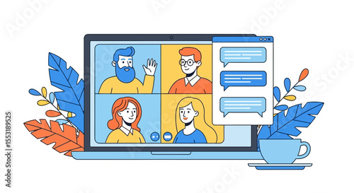 Laptop with Video Call and Chat Bubbles, Surrounded by Decorative Leaves and a Cup