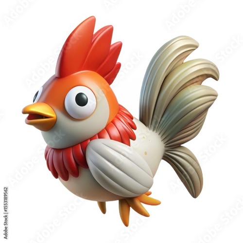 Whimsical cartoon rooster with orange comb and tail feathers isolated on white background