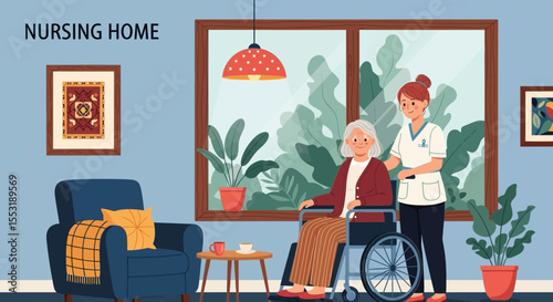 Elderly Woman in Wheelchair with Nurse in Nursing Home Illustration