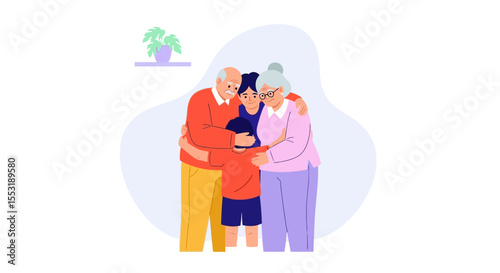 Family Embracing: Grandparents and Child in Loving Embrace, Illustration