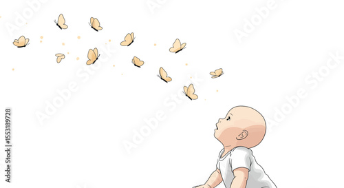 Illustration of a Bald Baby Looking Up at Flying Butterflies on White Background